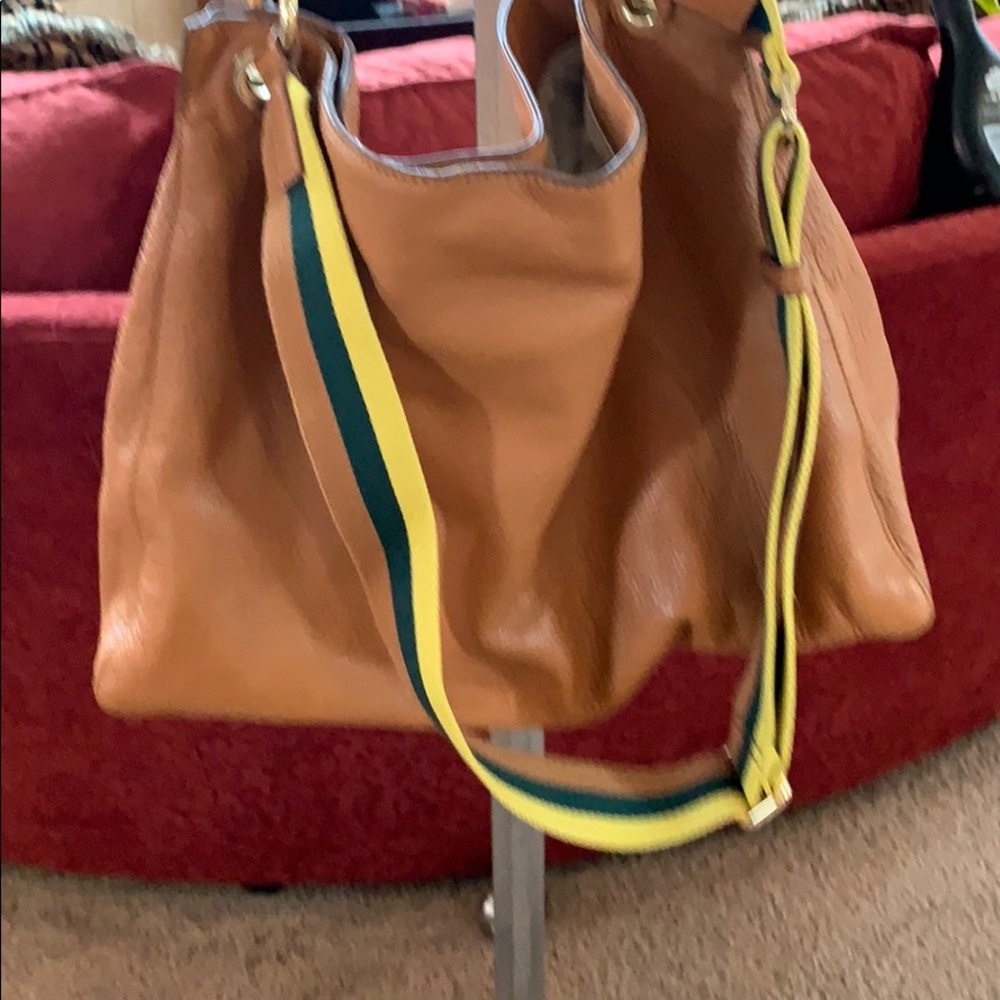 Mark & Graham Tan Leather Shoulder Bag with Striped Green-Yellow Strap - Picture 4 of 6